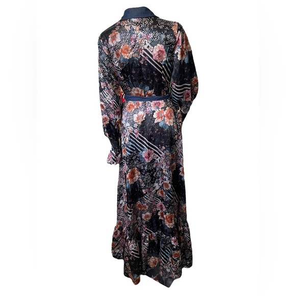 Eien Black Boho Hippie Eclectic Floral Geometric Puffer Long Sleeve Maxi Dress - Picture 5 of 7